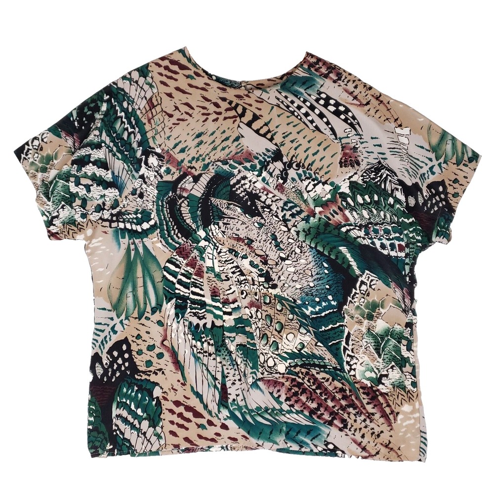 Caviar Feather Print Oversized Blouse Women L‎ Boho Artcore Retro Made In USA